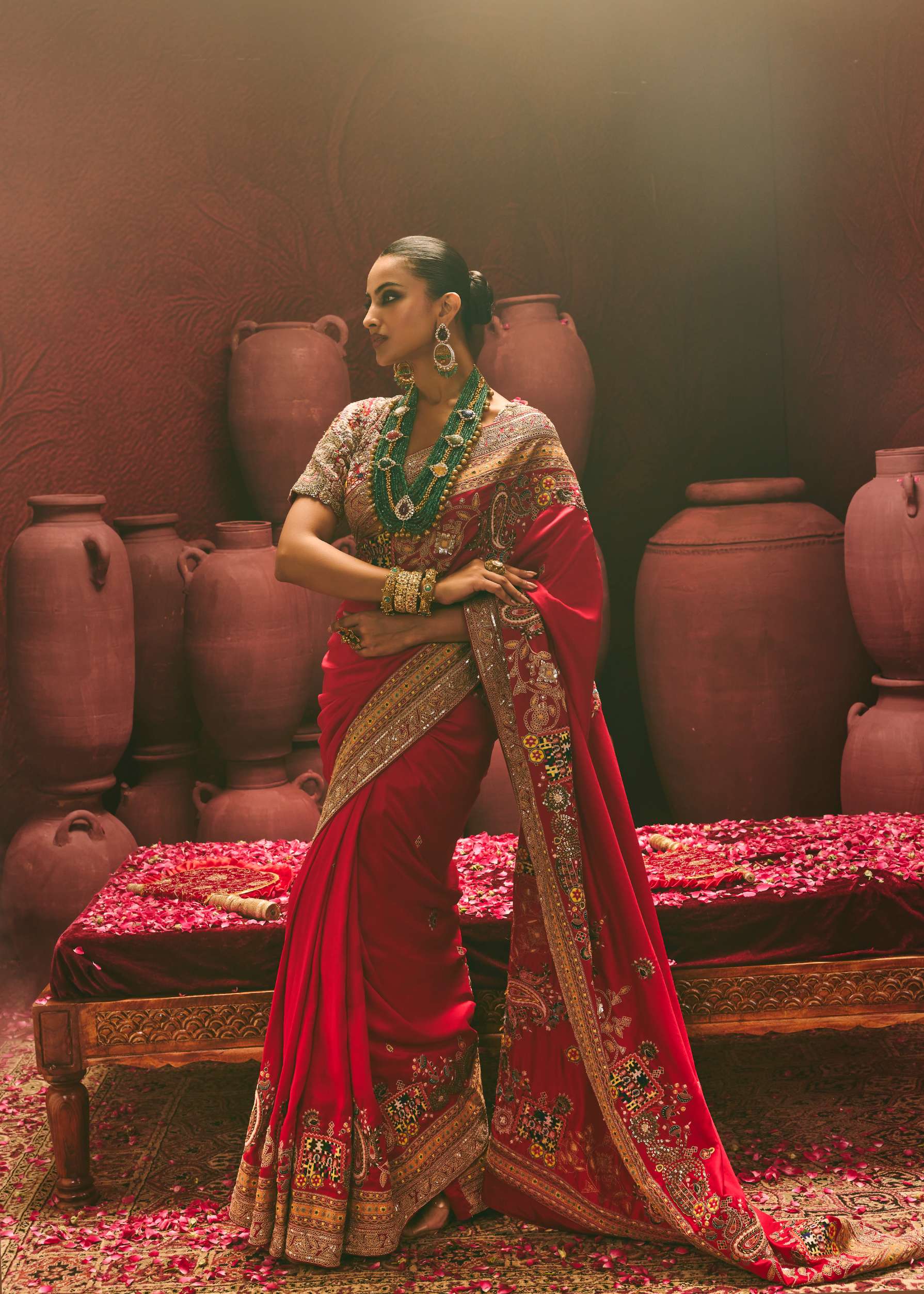 Red Crape Saree Featuring Zardozi Embroidery – ANTARA