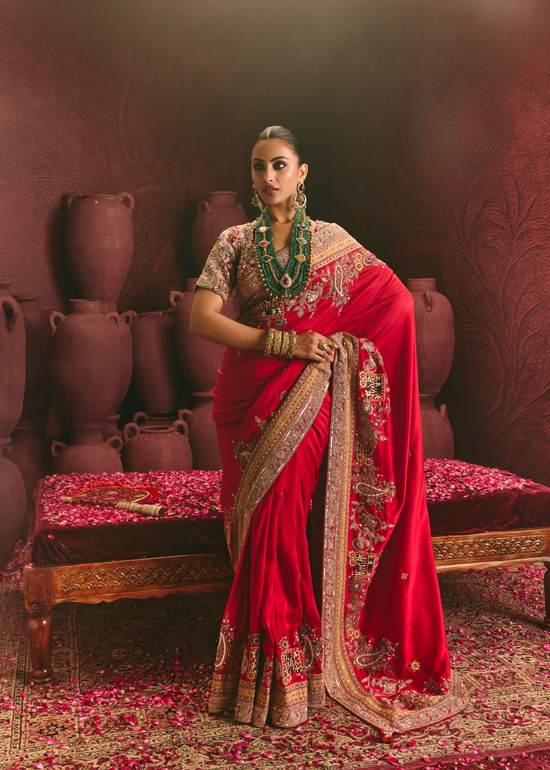 Red Crape Saree Featuring Zardozi Embroidery – ANTARA