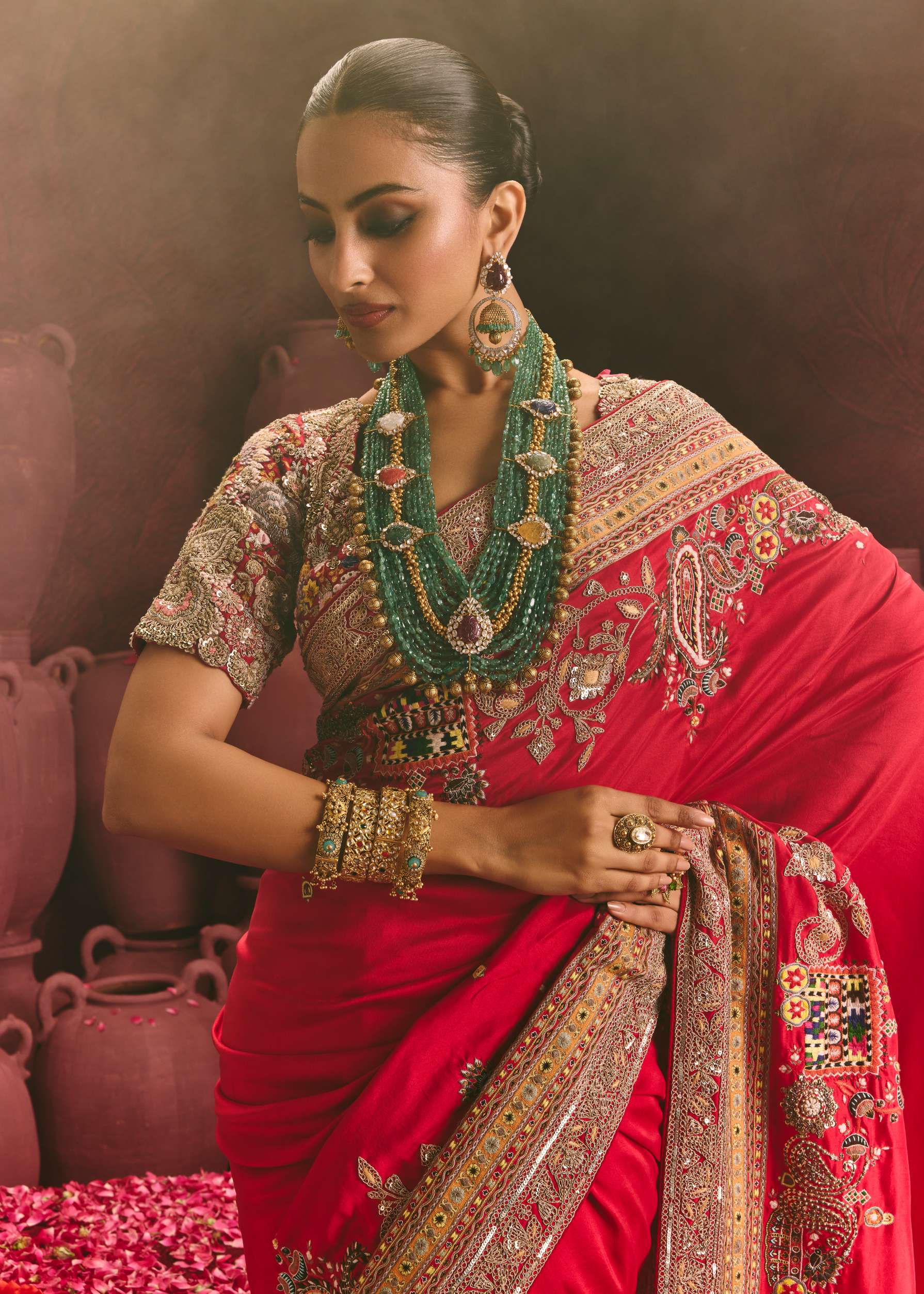 Red Crape Saree Featuring Zardozi Embroidery – ANTARA