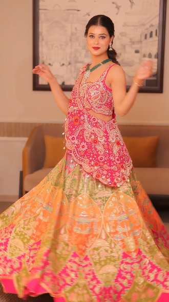 Pink Multi Dola Silk Crop-Top Lehenga Set with Dabka, Resham & Mirror Work