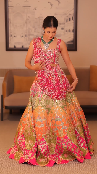 Pink Multi Dola Silk Crop-Top Lehenga Set with Dabka, Resham & Mirror Work - House of Surya