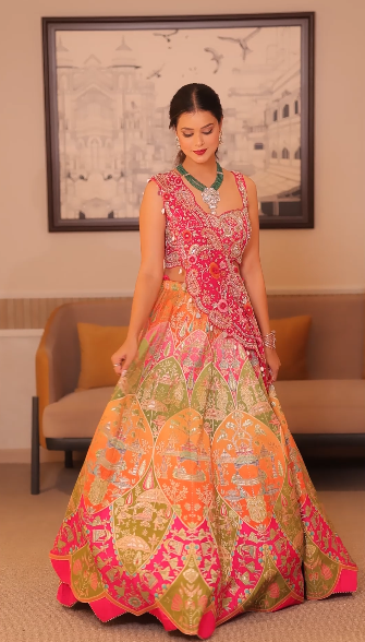 Pink Multi Dola Silk Crop-Top Lehenga Set with Dabka, Resham & Mirror Work - House of Surya