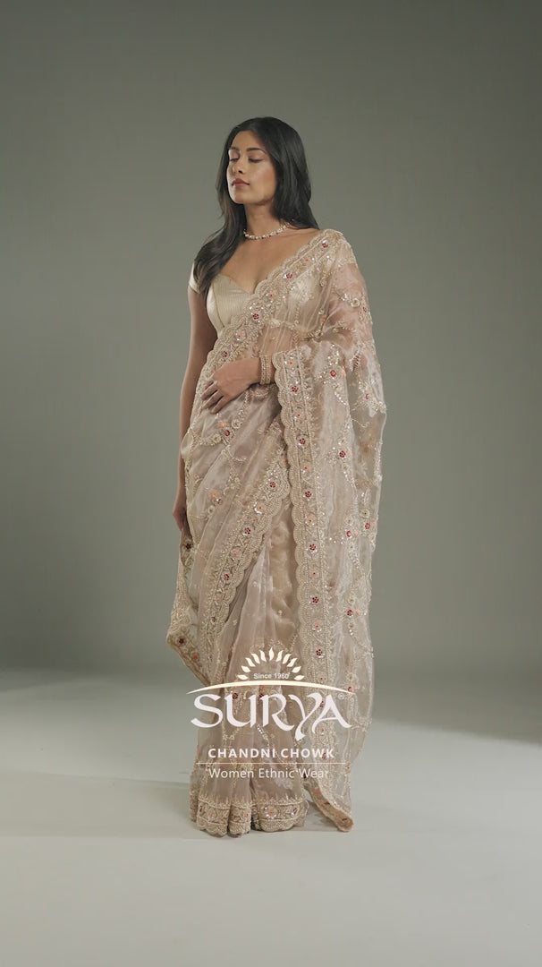 Golden Tissue Organza Saree with Cutdana & Sequence Work