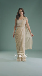 Beige Georgette Drape Saree ,Ready to Wear Saree - House of Surya
