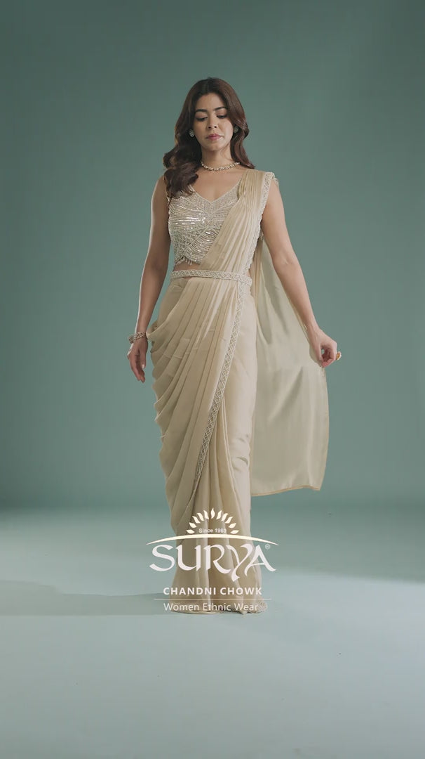 Beige Georgette Drape Saree ,Ready to Wear Saree - House of Surya