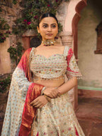 Light Blue Dola Silk Lehenga Choli with Multi-Thread & Mirror Work - House of Surya