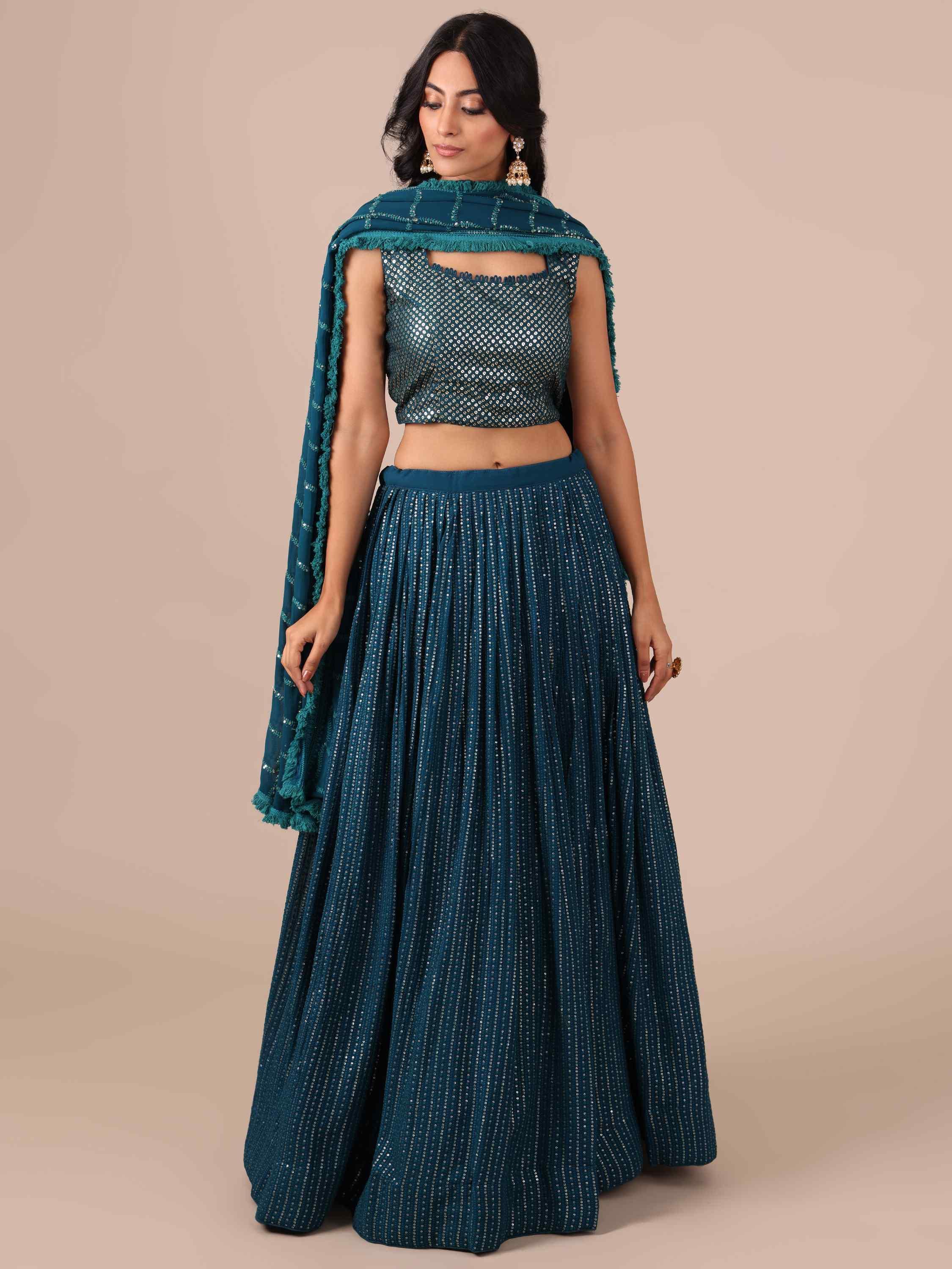 Peacock Blue Chikankari Lehenga Choli with Matching Dupatta - House of Surya