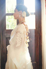 Ivory Gold Organza Saree With thread, Pear and Sequins work - House of Surya