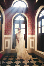 Ivory Gold Organza Saree With thread, Pear and Sequins work - House of Surya