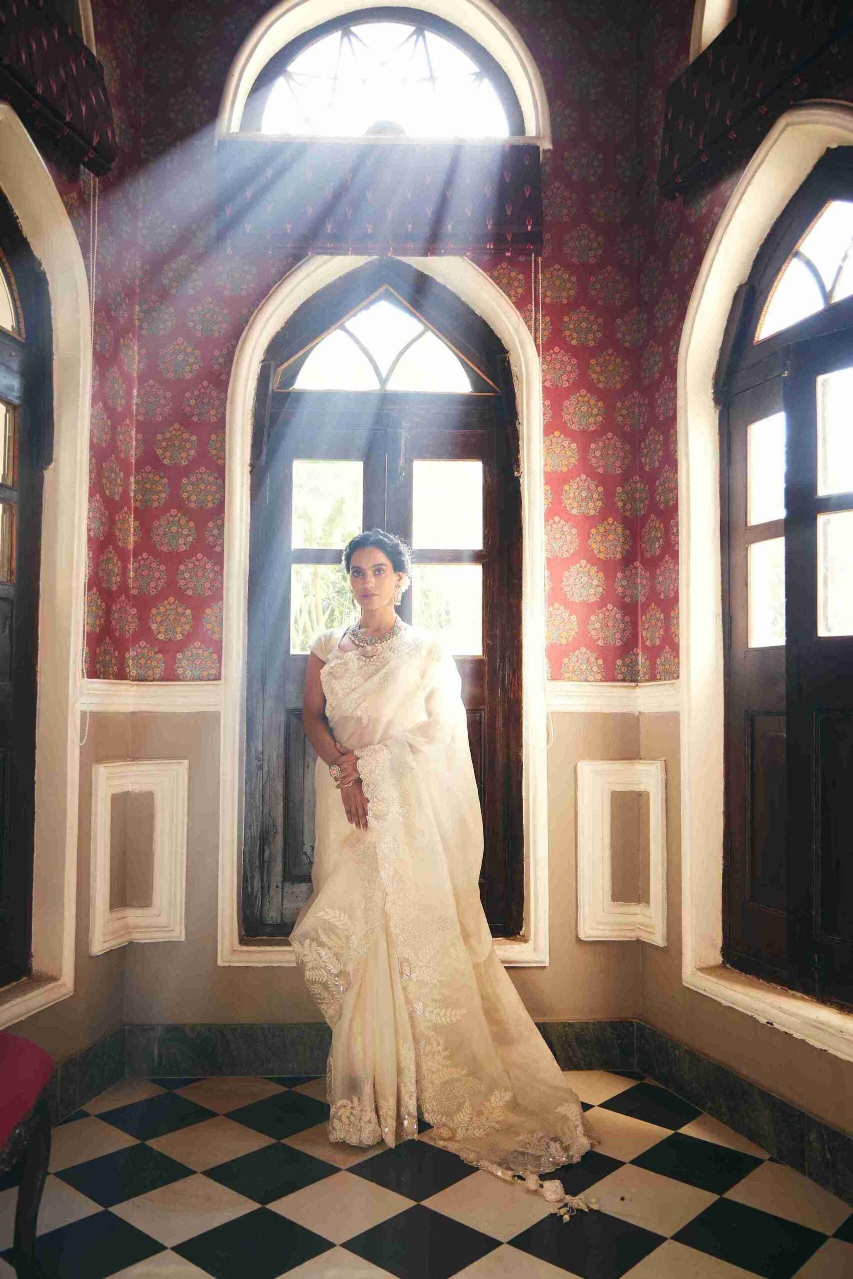 Ivory Gold Organza Saree With thread, Pear and Sequins work - House of Surya